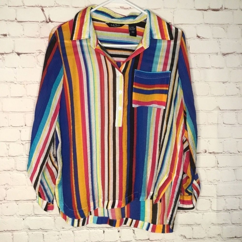 NWOT Life Style Rainbow Striped Long‎ Sleeve Shirts Blouse Top Women PM China